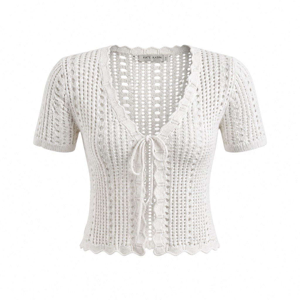 Nwt Kate Kasin White Open Knit Jacket Short Sleeve Scallop Hem Bolero L Arm